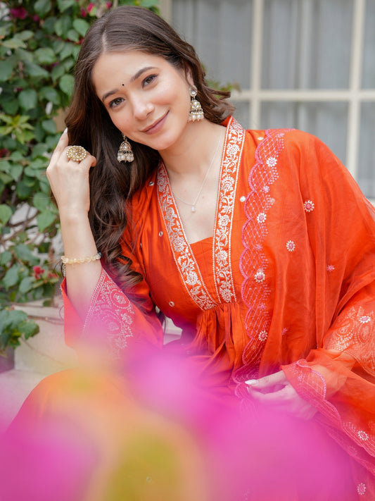 Women Beautiful Viscose Chanderi Fabric Flared Kurta, Pant and Dupatta Set