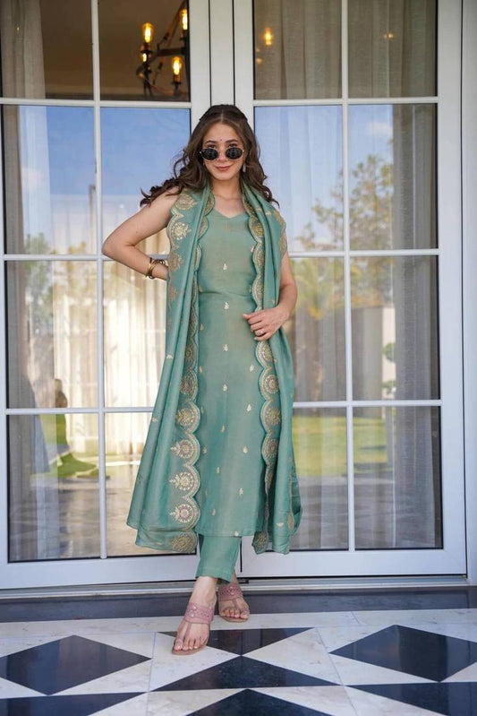 Women Viscose Zari Chanderi Fabric Straight Kurta, Pant and Dupatta Set