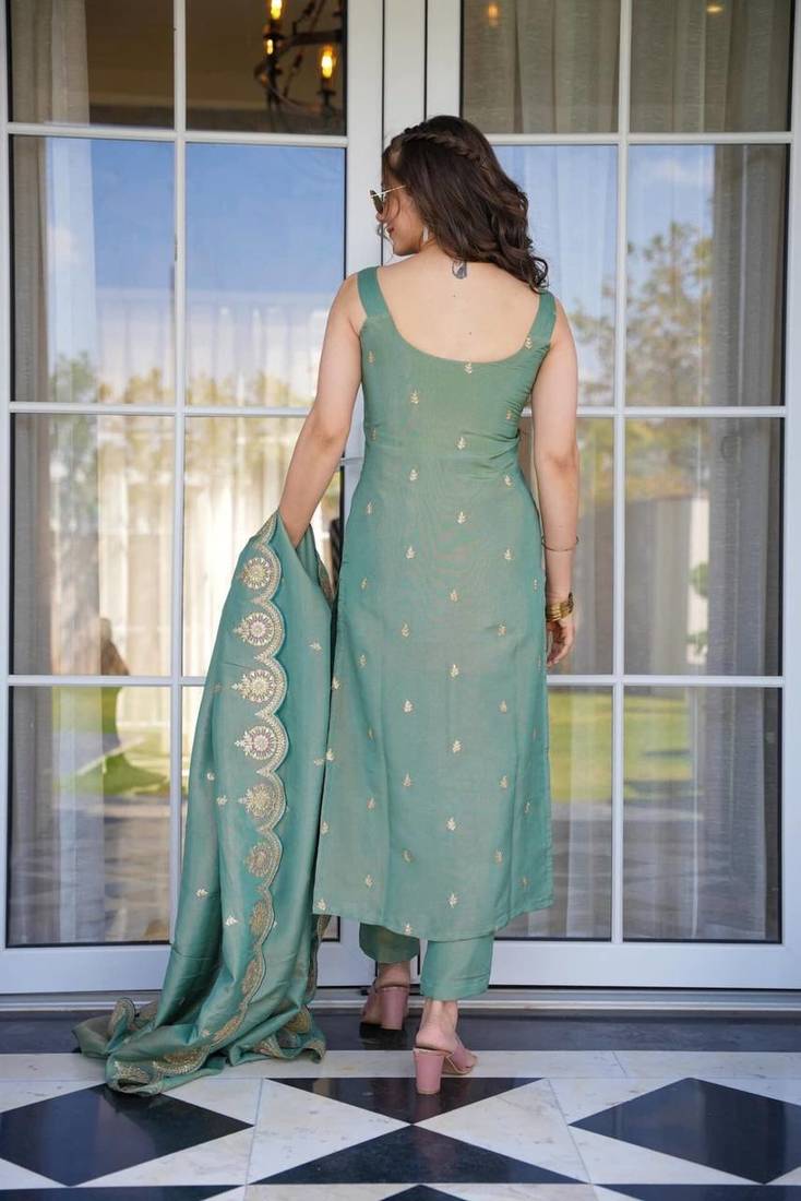 Women Viscose Zari Chanderi Fabric Straight Kurta, Pant and Dupatta Set