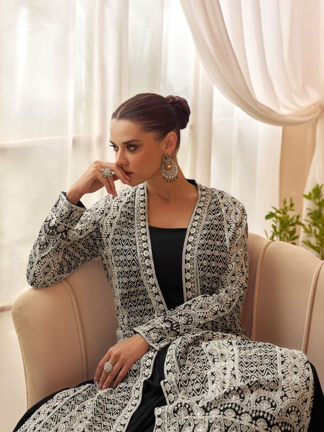 Heavy Silks Black Long Top With Silk Shrug Free Size Upto 42