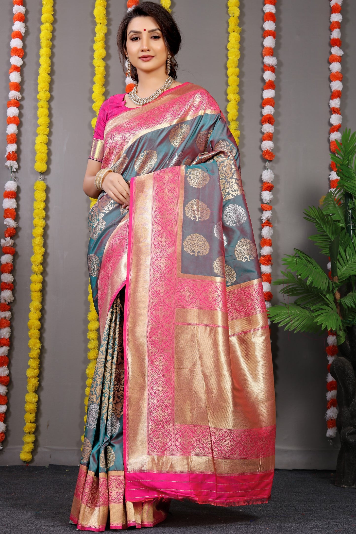 Grey Woven Design Pure Silk Banarasi Saree With Blouse