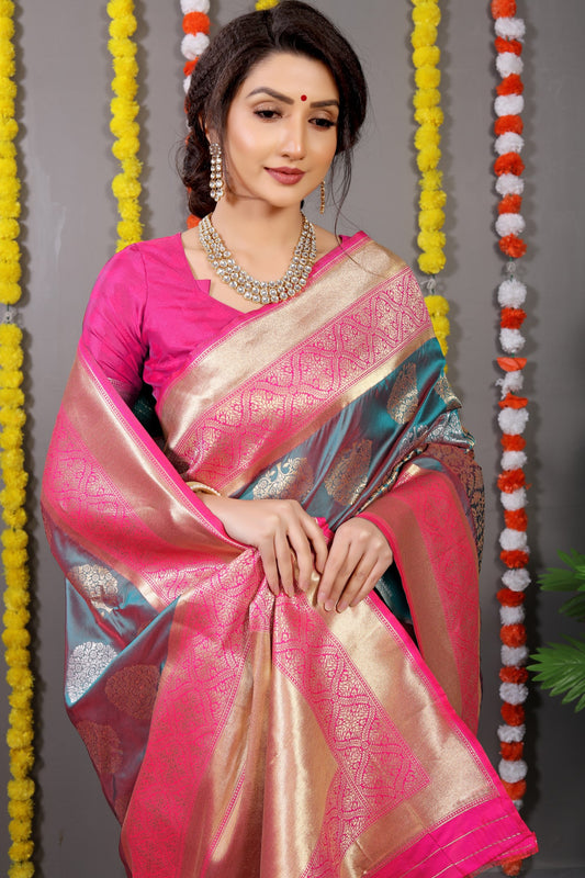 Grey Woven Design Pure Silk Banarasi Saree With Blouse