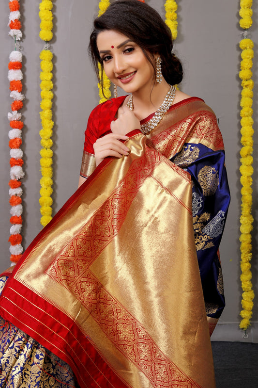 Navy Woven Design Pure Silk Banarasi Saree With Blouse