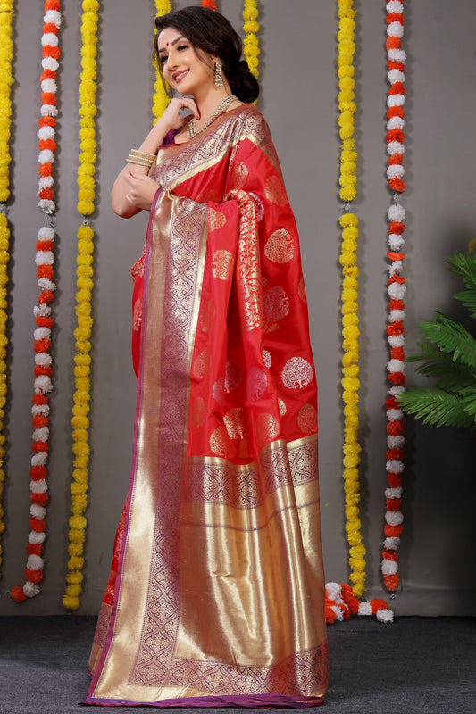 Red Woven Design Pure Silk Banarasi Saree With Blouse
