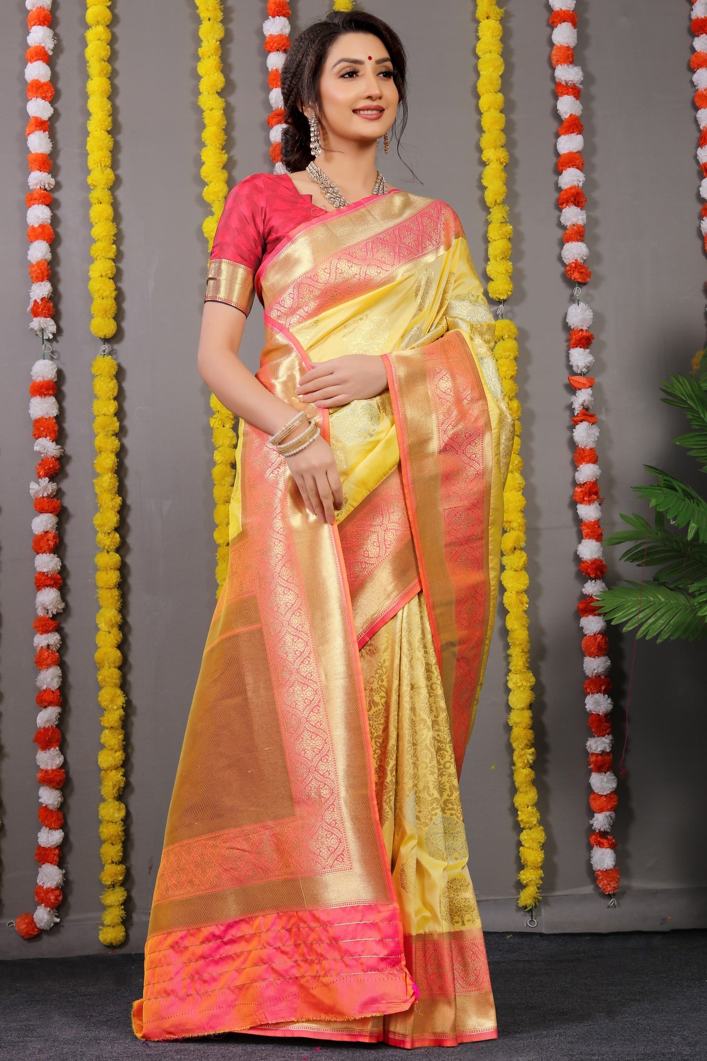 Yellow Woven Design Pure Silk Banarasi Saree With Blouse