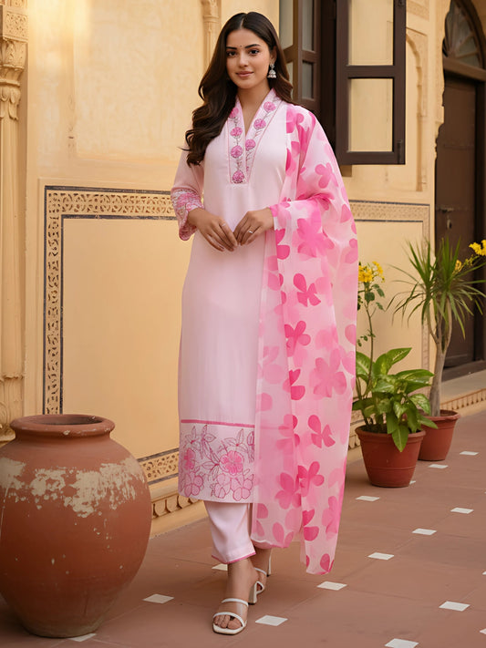 Women's Beautiful Chanderi Fabric Printed Work Straight Kurta Pant and Dupatta Set Maya