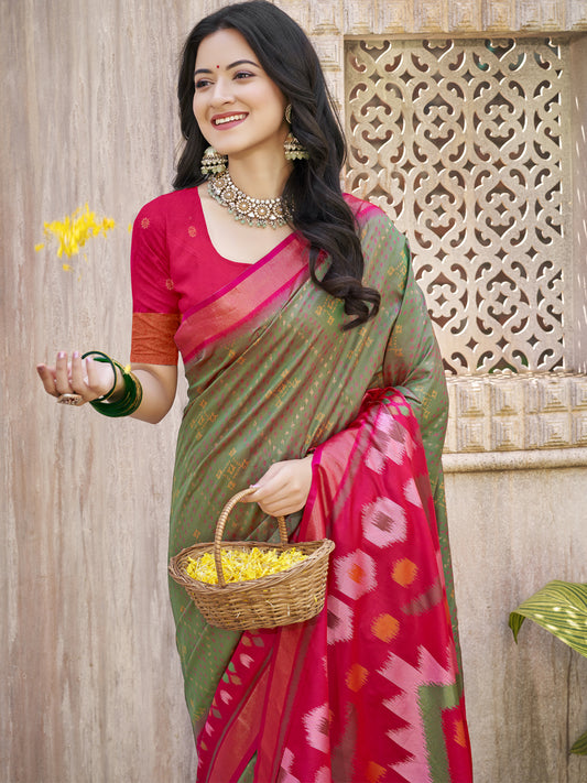 Mehendi Pochampalli Silk Saree with Floral Printed Work with Blouse