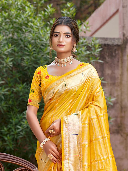 Woven Meenakari Designer Yellow Color Ethnic Partywear Saree