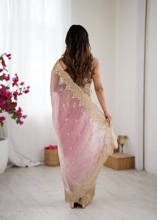 Pink Color Fendy Chiffon Fabric Beautiful Embroidered Saree