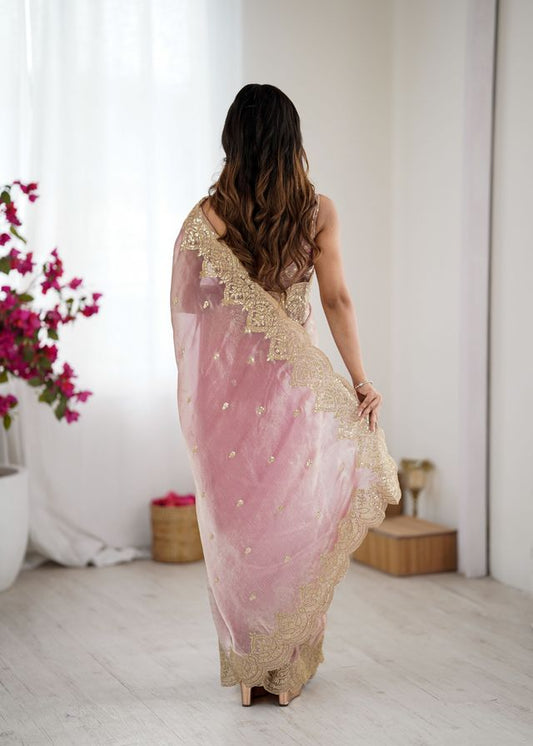 Pink Color Fendy Chiffon Fabric Beautiful Embroidered Saree