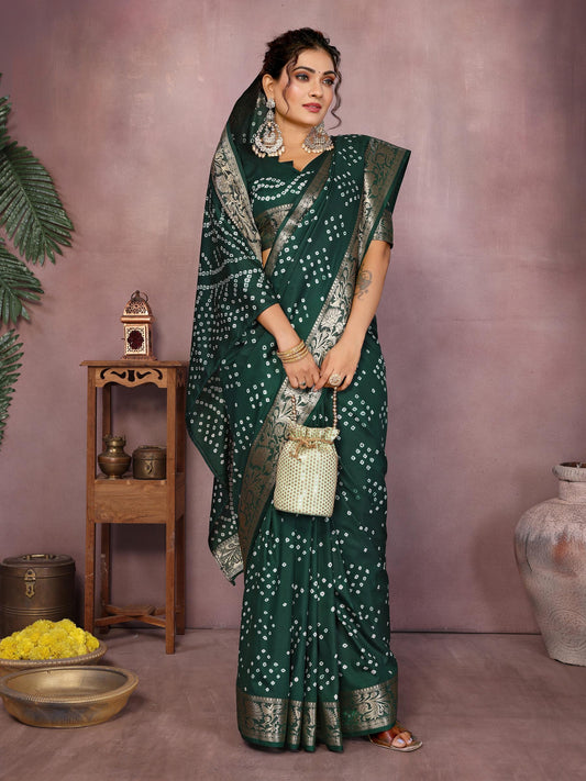 Dark Green Pure Bandhej Silk Saree With Zari Weaving Work