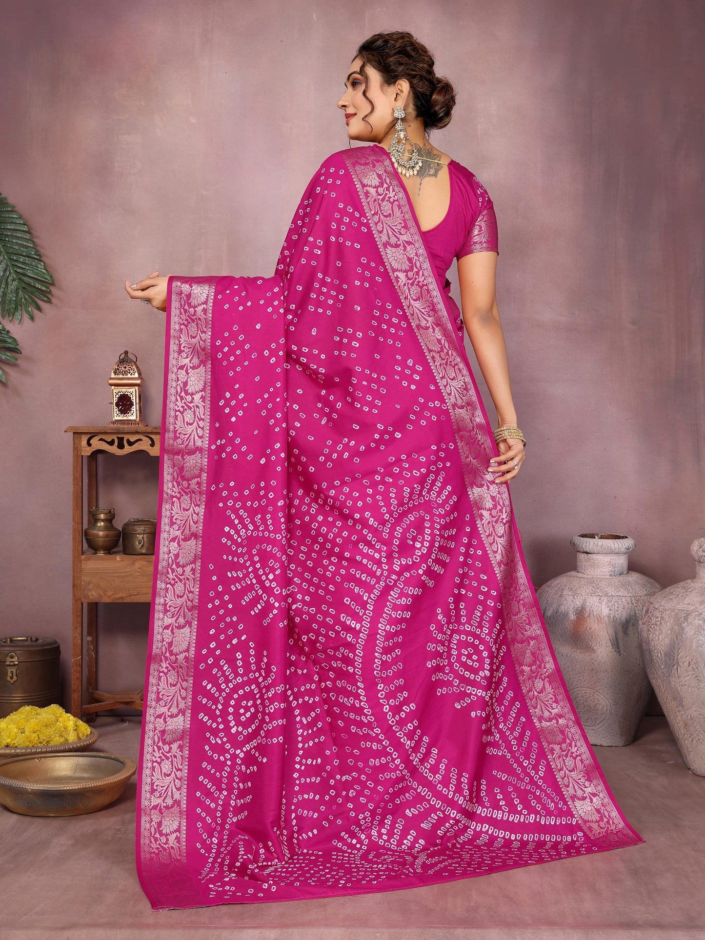 Magenta Pure Bandhej Silk Saree With Zari Weaving Work