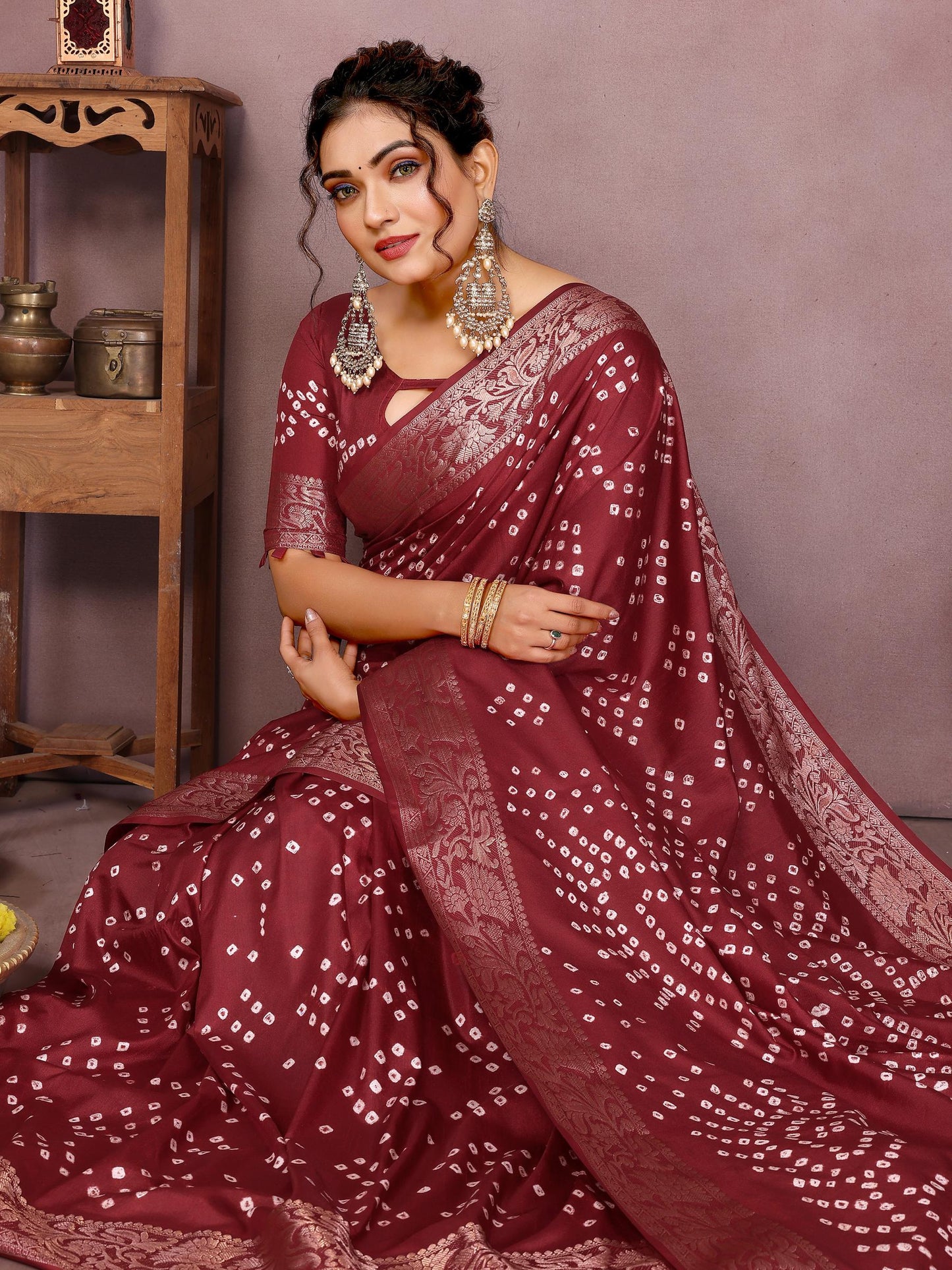 Maroon Pure Bandhej Silk Saree With Zari Weaving Work