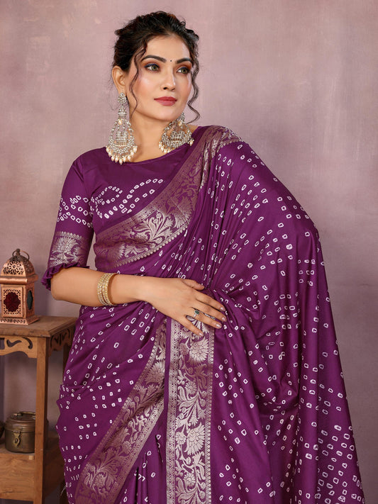 Purple Pure Bandhej Silk Saree With Zari Weaving Work