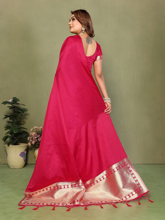 Red Color Satin Silk Fabric Ethnic Woven Lagdi Pallu Designer Saree