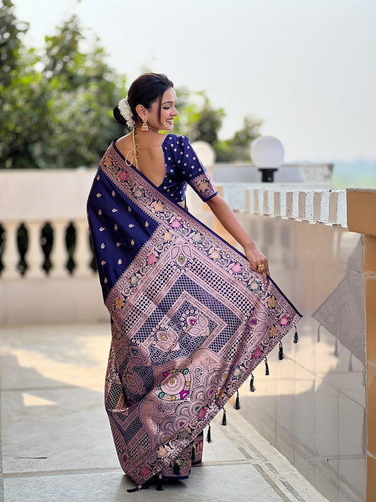 Navyblue Soft Banarasi Silk Meenakari Weaving Saree With Unstitched Blouse