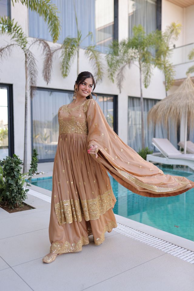 Chiku Color Super Silk Fabric Beautiful Ceremonial Suit With Dupatta