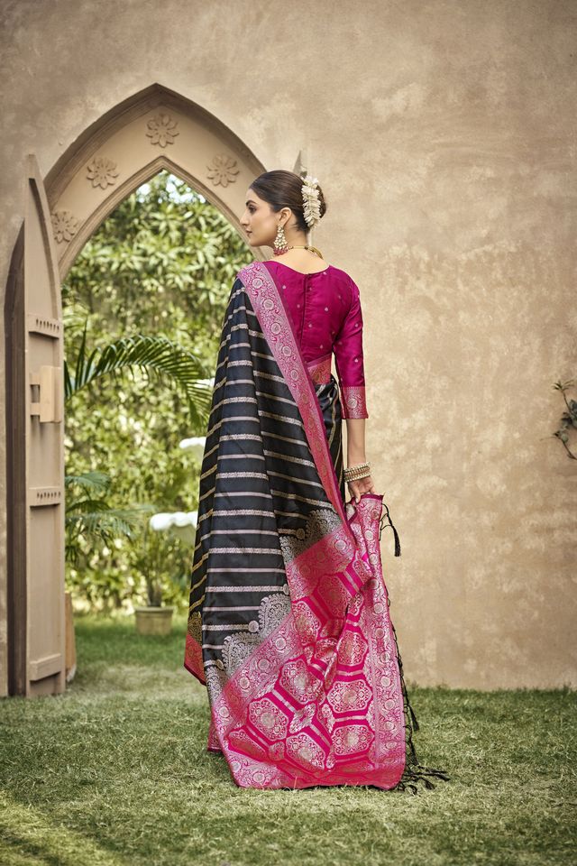 Black Color Banarasi Silk Fabric Ethnic woven Designer Saree