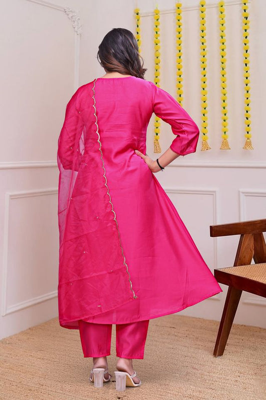 Pink Color Chanderi Silk Fabric Ceremonial Readymade Kurta Set with Dupatta