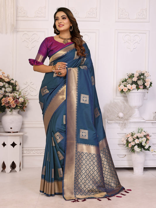 Navy Blue Soft Silk With Zari Weaving Borders Saree With Blouse