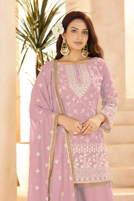 Pink Georgette All Over Cotton Thread & Sequins Work Palazzo Sets Size upto 44