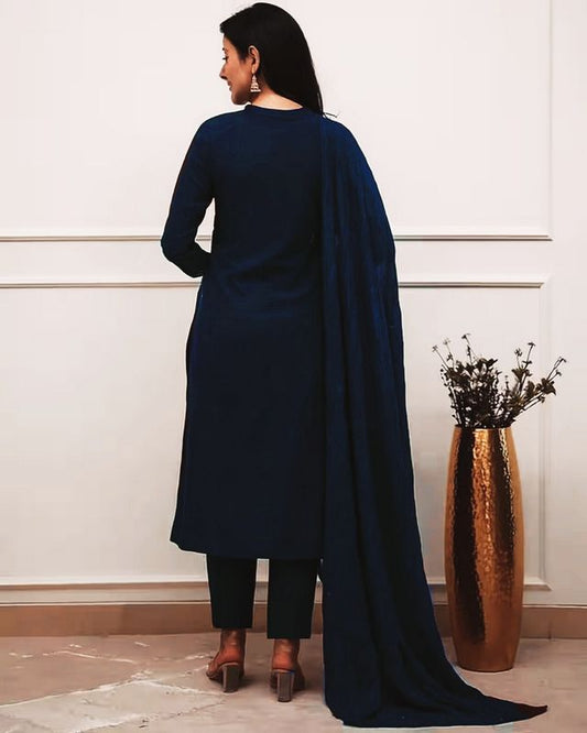 Navy Blue Color Ethnic Cotton Silk Fabric Readymade Kurta Set With Dupatta