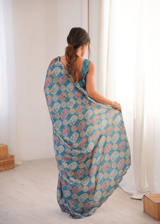 Blue Color Girlie Chinon Fabric Designer Digital Printed Ceremonial Saree