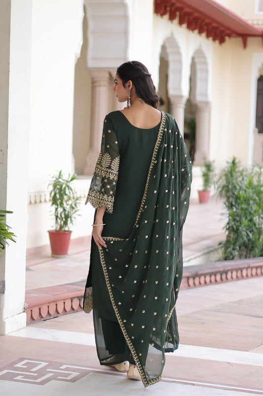 Green Color Faux Georgette Fabric Sequins Embroidered Wedding Ceremonial Sharara Suit