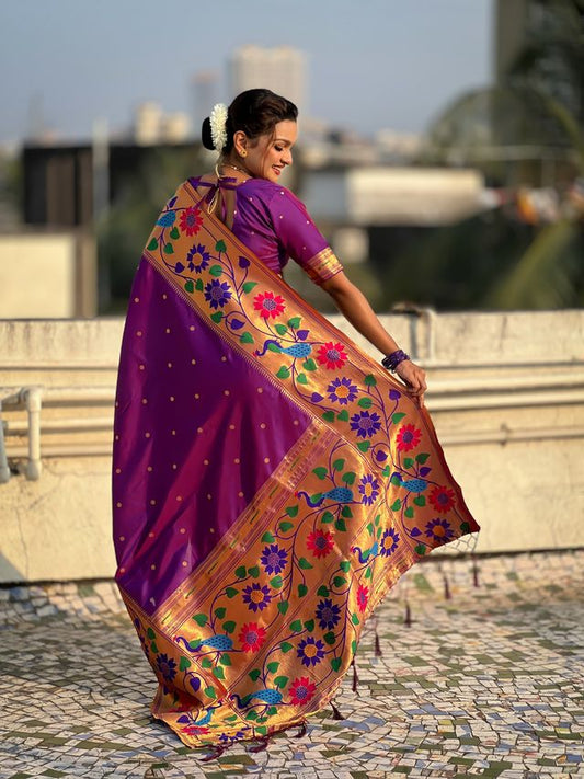 Purple Color Paithani Silk Fabric Woven Designer Partywear Saree