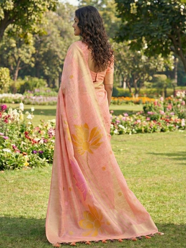 Peach Color Linen Cotton Fabric Woven Designer Partywear Saree