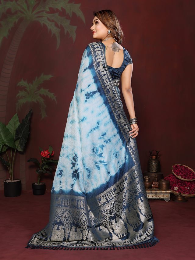 Blue Color Satin Silk Fabric Saree For Ethnic Indian Looks