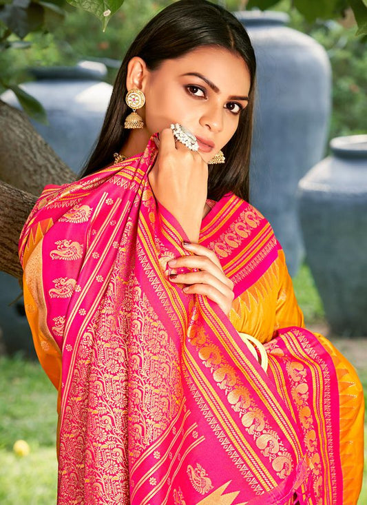 Yellow Color Beautiful Woven Designer Soft Silk Fabric Saree
