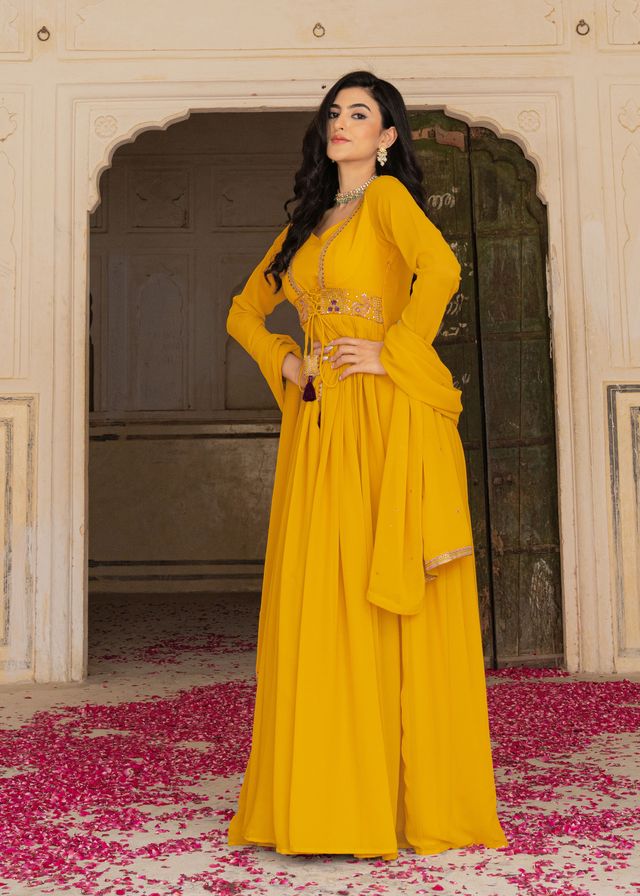 Mustard Color Georgette Fabric Designer Embroidered Partywear Gown For Girlie Looks