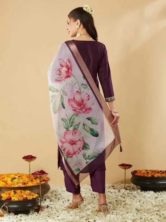 Women's Beautiful Chanderi Silk Fabric Embroidery Work Straight Kurta Pant and Dupatta Set 101
