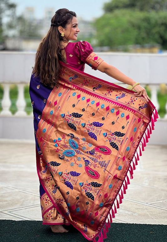 Violet Color Soft Silk Fabric Woven Meenakari Designer Ethnic Partywear Saree