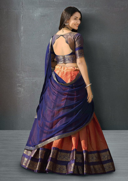 Orange South-style Kanchipuram silk lehenga With Unstitched Blouse & Dupatta