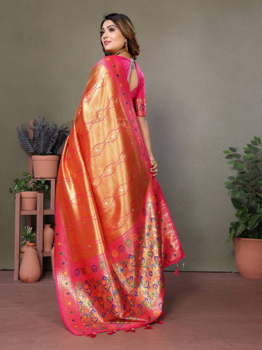 Orange Pure Banarasi Tissue Silk With Leheriya Weaving Saree With Blouse