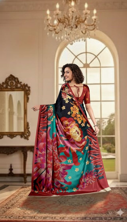 Blue Color Deisgner Printed Crepe Silk Saree for Ceremonial Presence