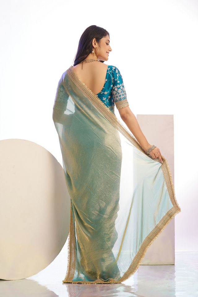 Aqua Color Stylish Heavy Partywear Saree For Rich Girlie Looks