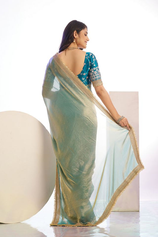 Aqua Color Stylish Heavy Partywear Saree For Rich Girlie Looks