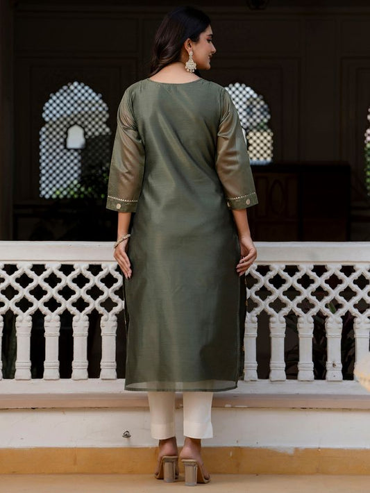 Green Color Beautiful Silk Blend Fabric Sophisticated Kurta For Girls
