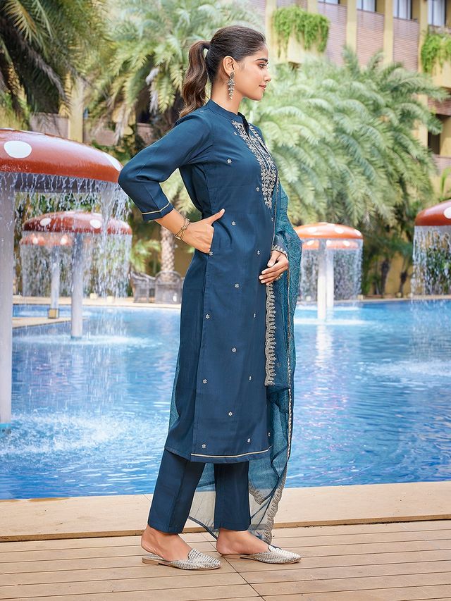 Teal Color Stylish Partywear Readymade Ethnic Suit