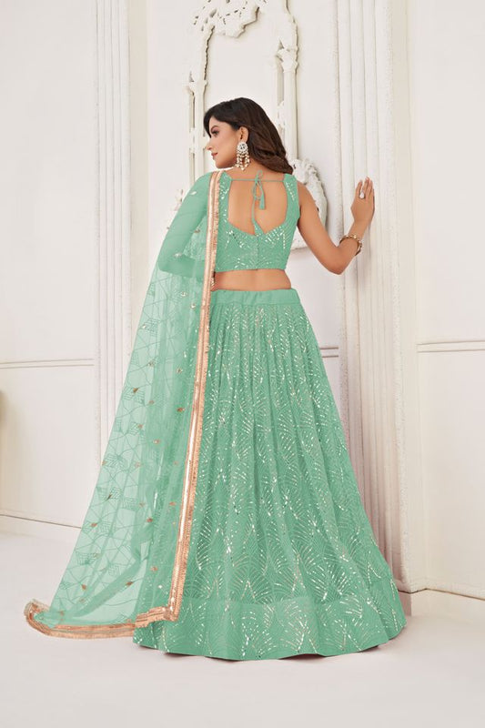 Sea Green Color Butterfly Net Fabric Designer Sequins Embroidered Ceremonial Lehenga Choli