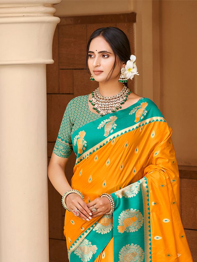 Yellow Color Ethnic Woven Designer Partywear Saree
