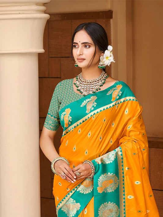 Yellow Color Ethnic Woven Designer Partywear Saree