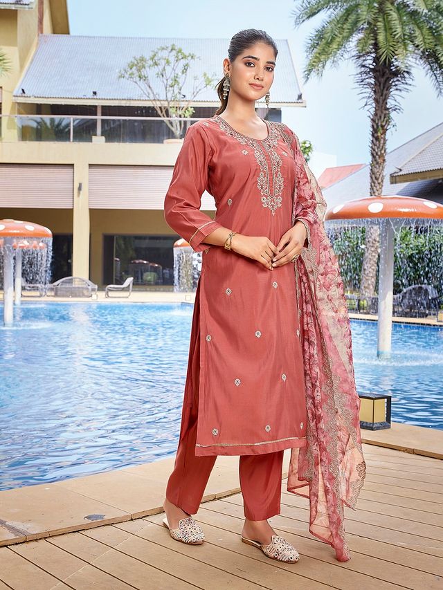 Peach Color Stylish Partywear Readymade Ethnic Suit