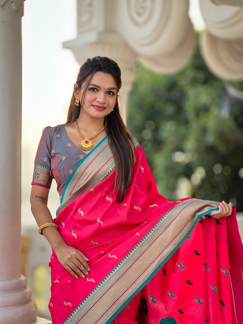 Ranipink Soft Paithani Silk Meenakari Weaving Saree With Unstitched Blouse