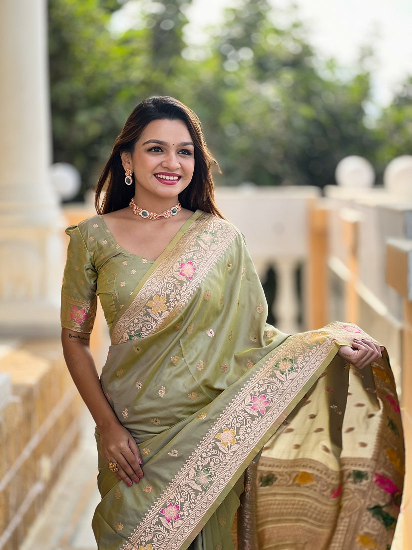 Pista Soft Banarasi Silk Meenakari Weaving Saree With Unstitched Blouse