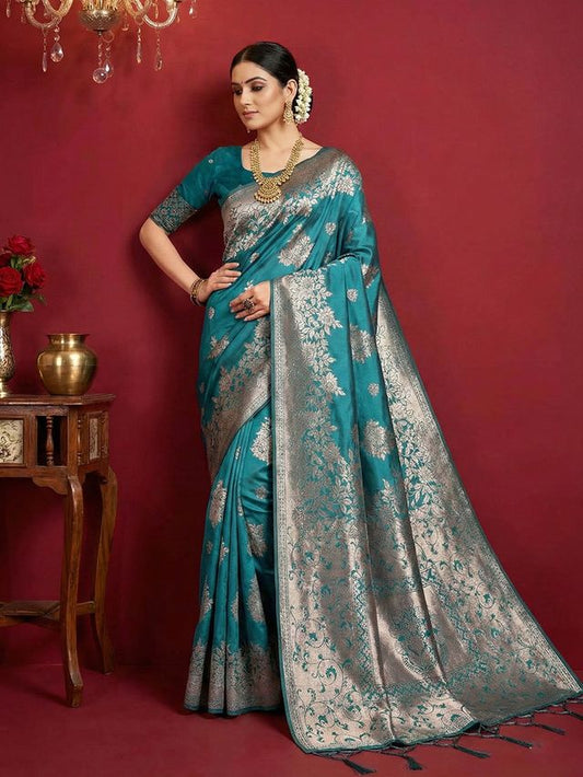 Sea Green Color Beautiful Silk Blend Fabric Woven Designer Ethnic Ceremonial Saree