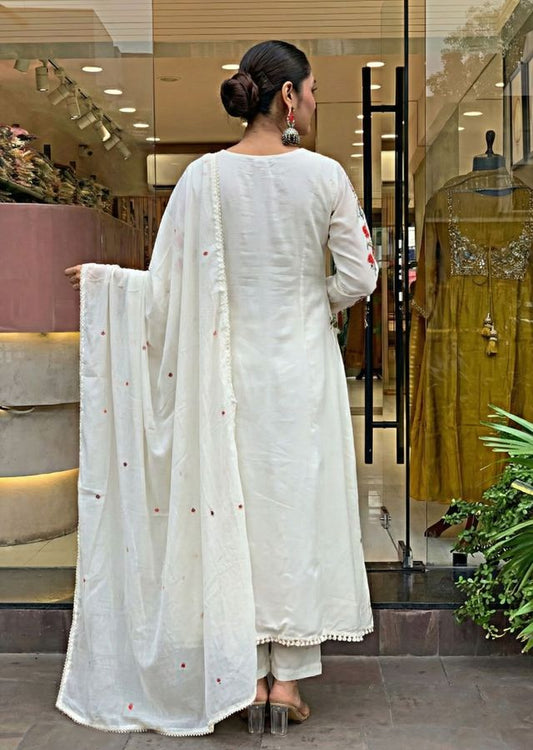 Off WhiteColor Chanderi Silk Fabric Designer Embroiderd Stitched Suit